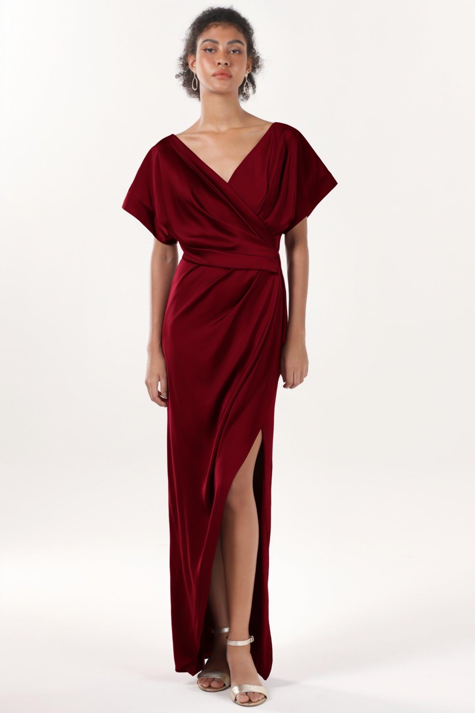 Sheath-Column Maxi Luxe Satin Bridesmaid Dress CS0601BM - COCOMELODY