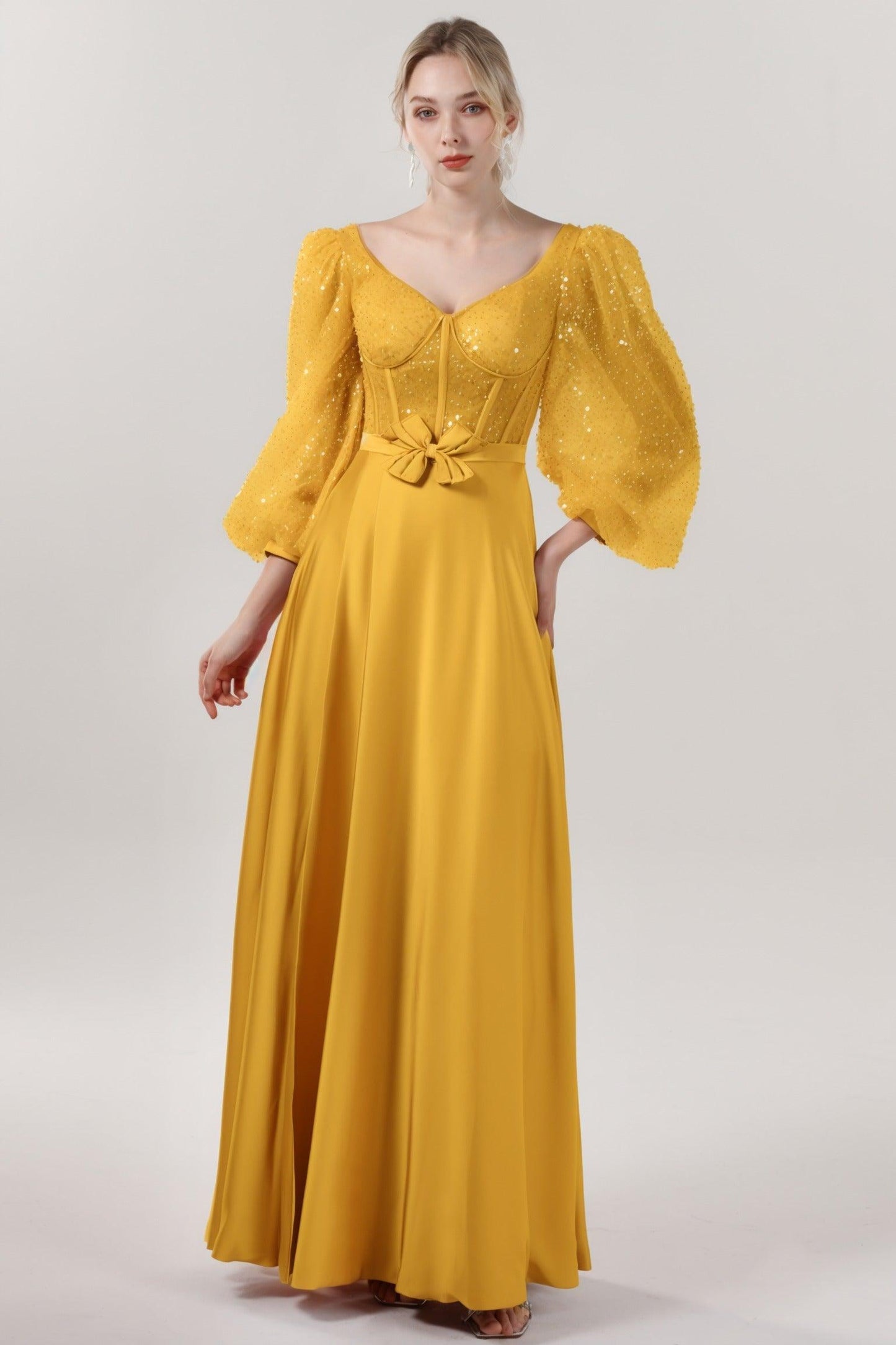A-Line Maxi Luxe Satin Glitter Formal Dress CS0605 - COCOMELODY