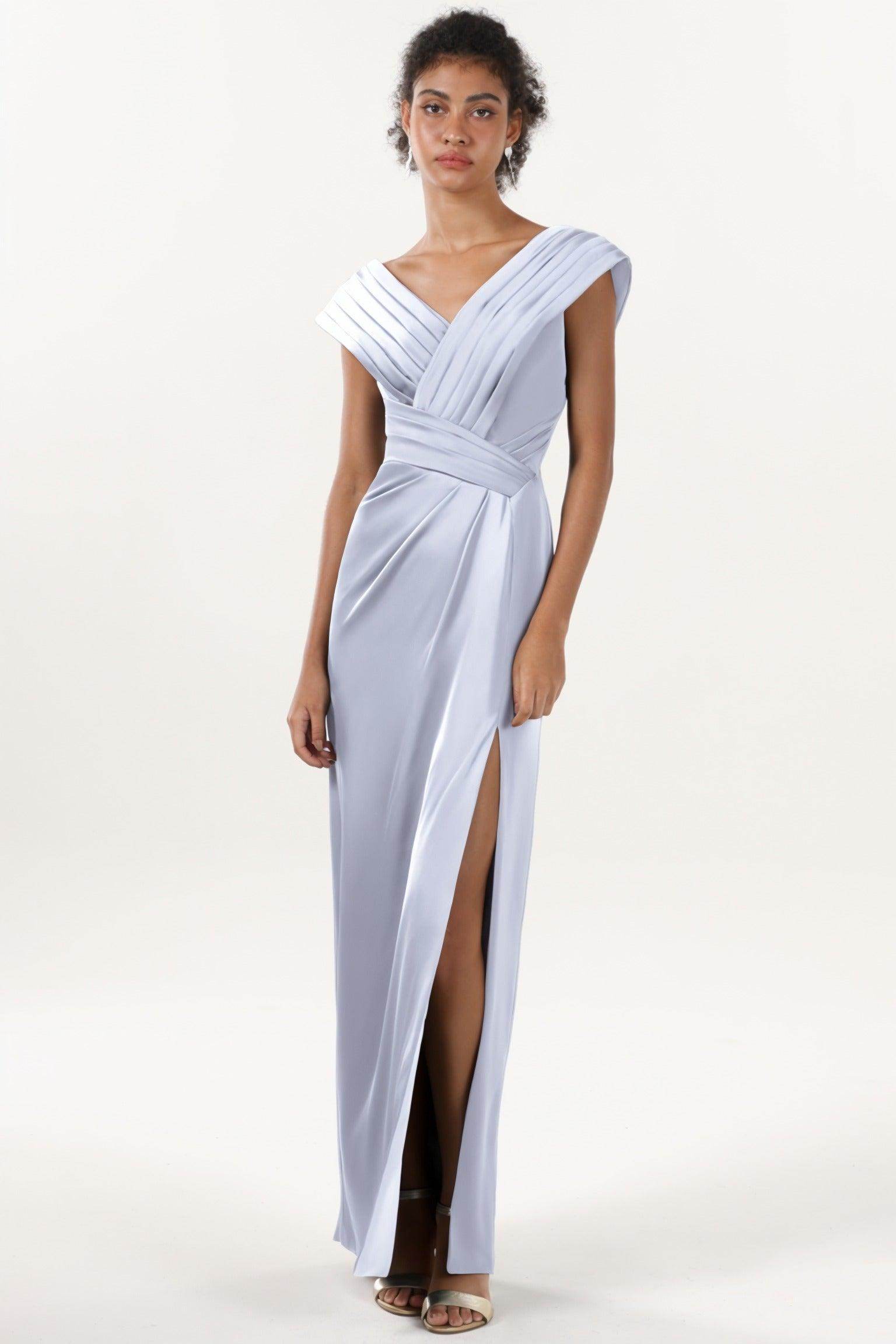 Grey Silk Dress Long COCOMELODY Sheath-Column Semi Formal Dress CS0608, Light Blue Grey Silk Dress Long COCOMELODY Sheath-Column Semi Formal Dress CS0608, Light Blue