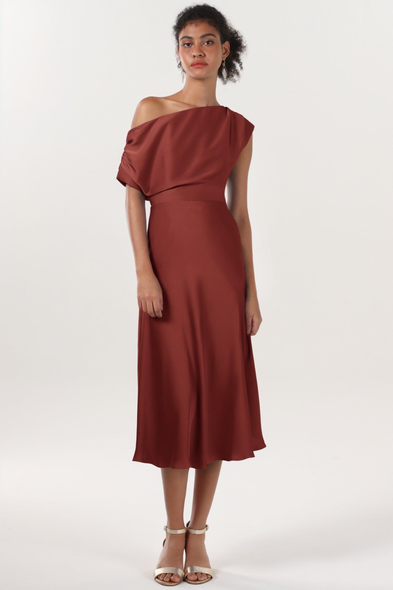 Sheath-Column Midi Luxe Satin Bridesmaid Dress CS0611BM - COCOMELODY