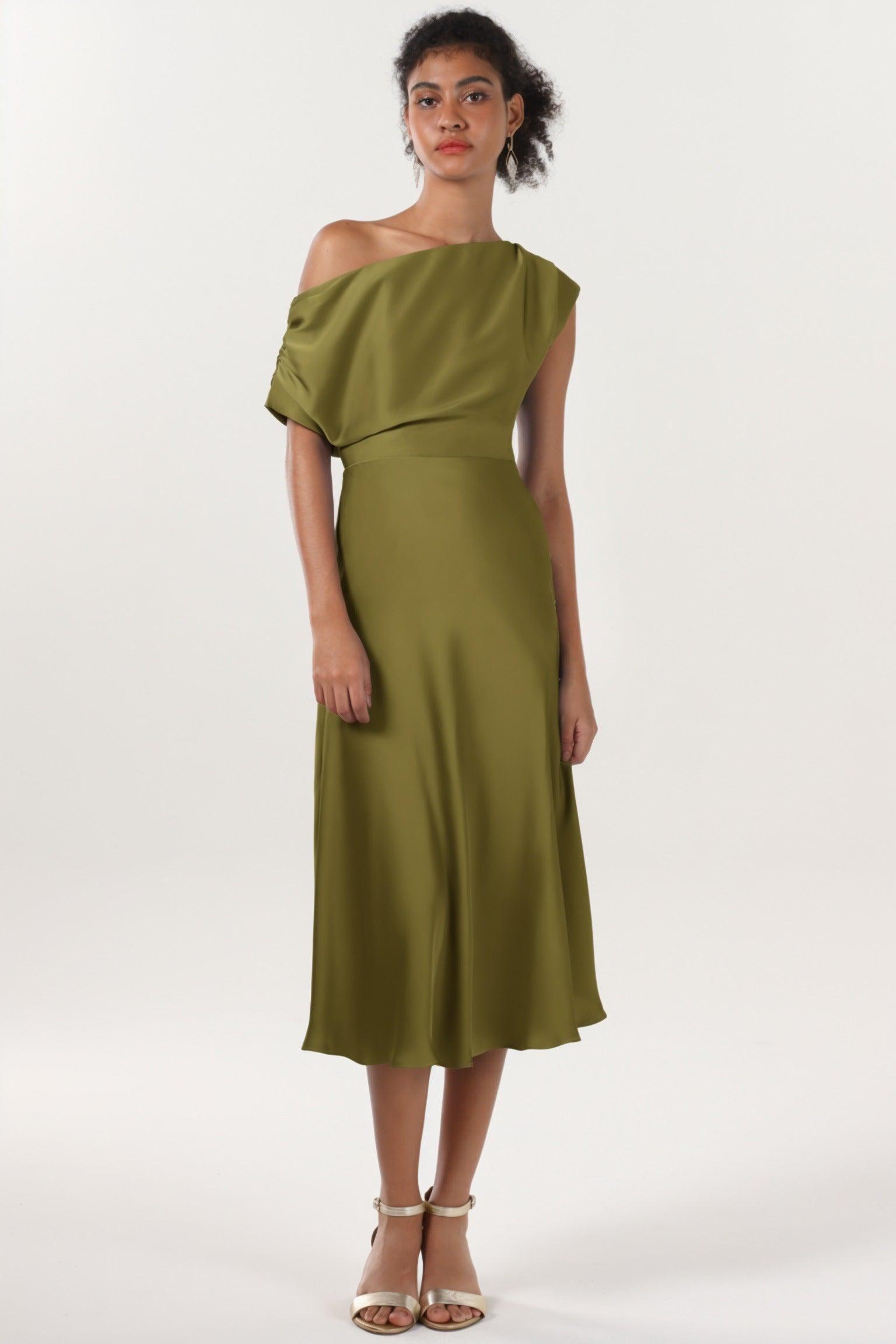 Sheath-Column Midi Luxe Satin Bridesmaid Dress CS0611BM - COCOMELODY