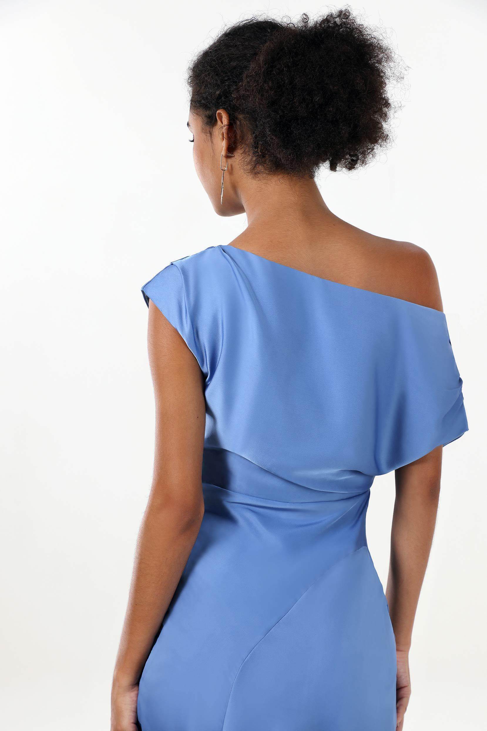 Sheath-Column Midi Luxe Satin Formal Dress COCOMELODY CS0611, Slate Blue Sheath-Column Midi Luxe Satin Formal Dress COCOMELODY CS0611, Slate Blue