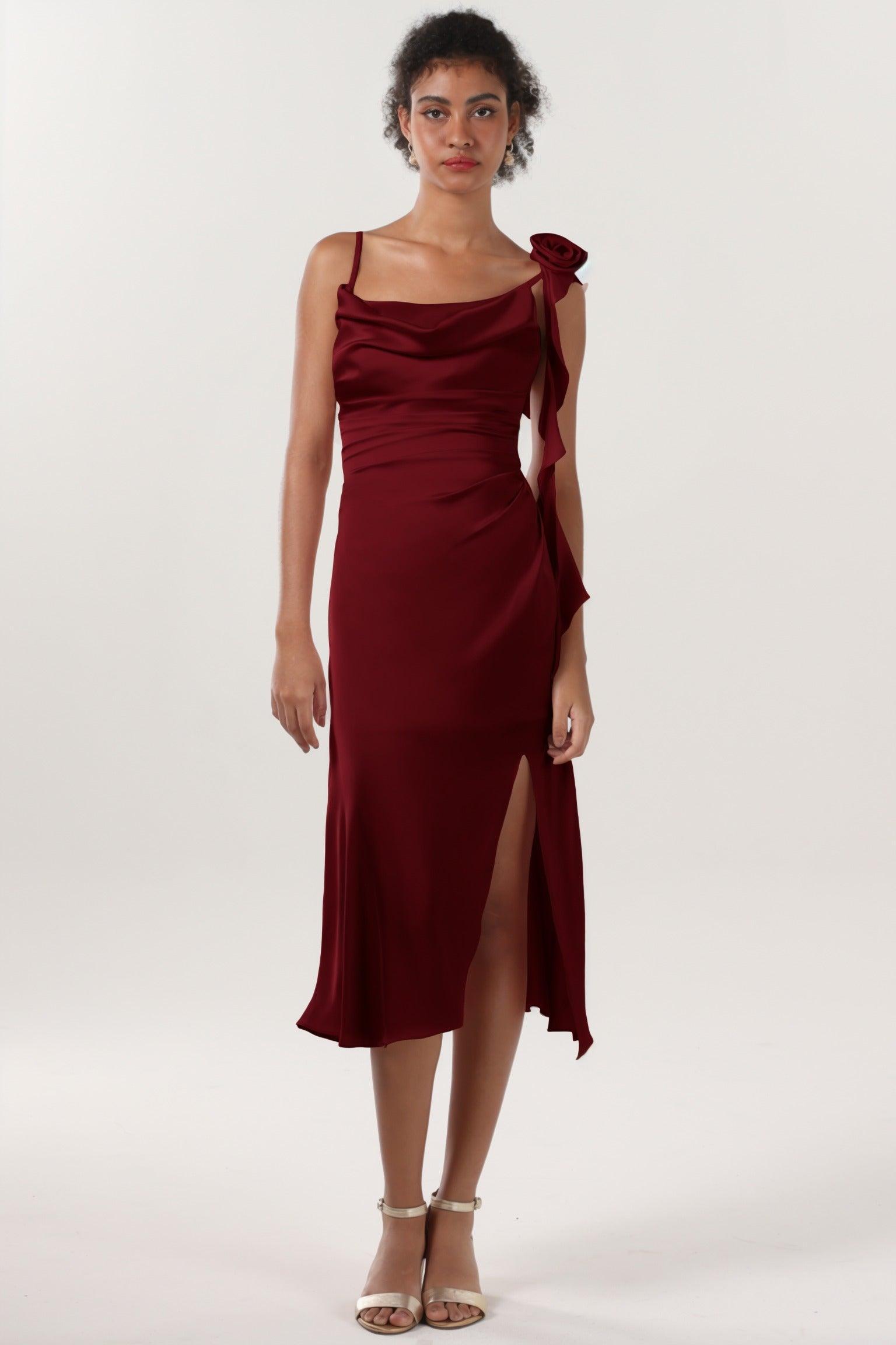 Sheath-Column Midi Luxe Satin Bridesmaid Dress CS0613BM - COCOMELODY