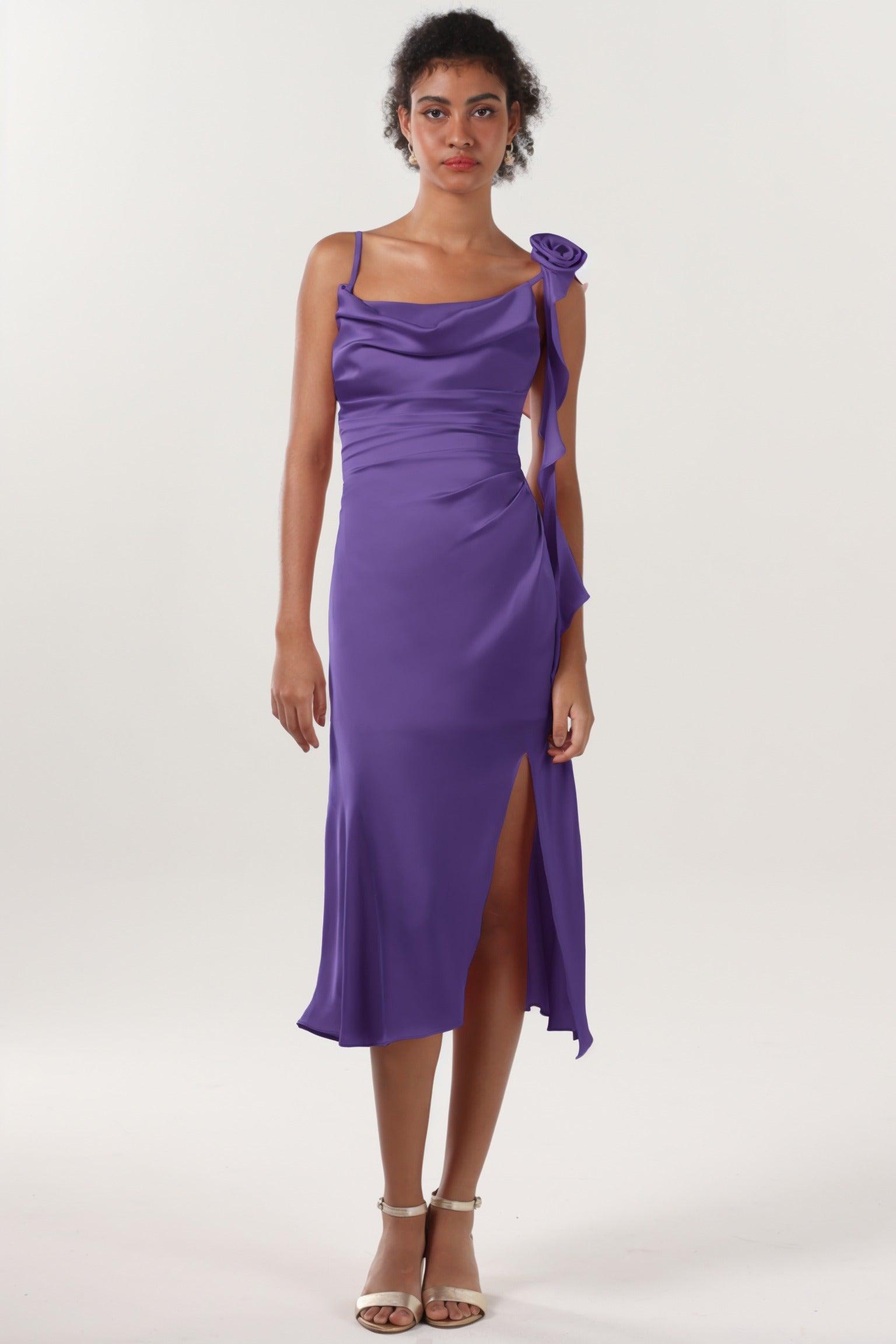 Sheath-Column Midi Luxe Satin Bridesmaid Dress CS0613BM - COCOMELODY