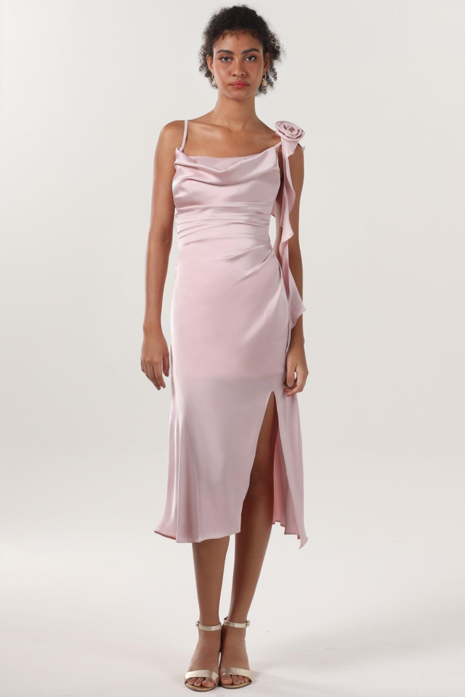 Sheath-Column Midi Luxe Satin Bridesmaid Dress CS0613BM - COCOMELODY