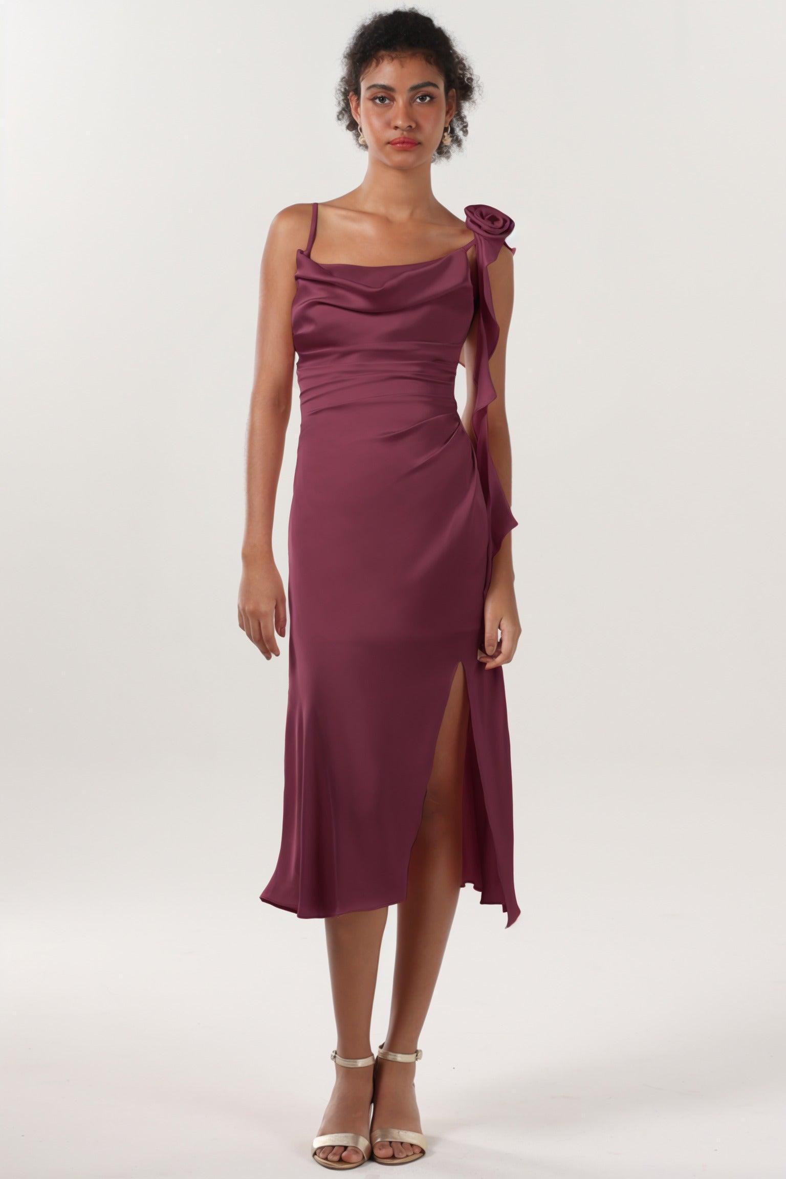 Sheath-Column Midi Luxe Satin Bridesmaid Dress CS0613BM - COCOMELODY