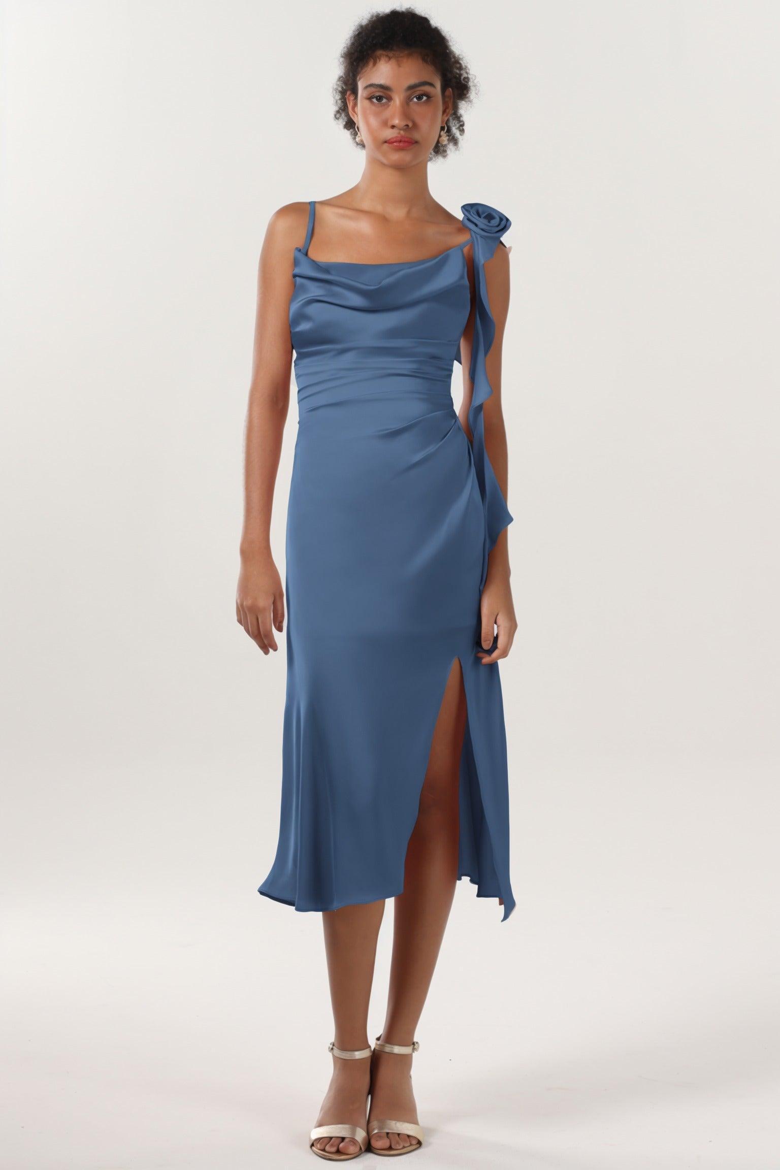 Sheath-Column Midi Luxe Satin Bridesmaid Dress CS0613BM - COCOMELODY