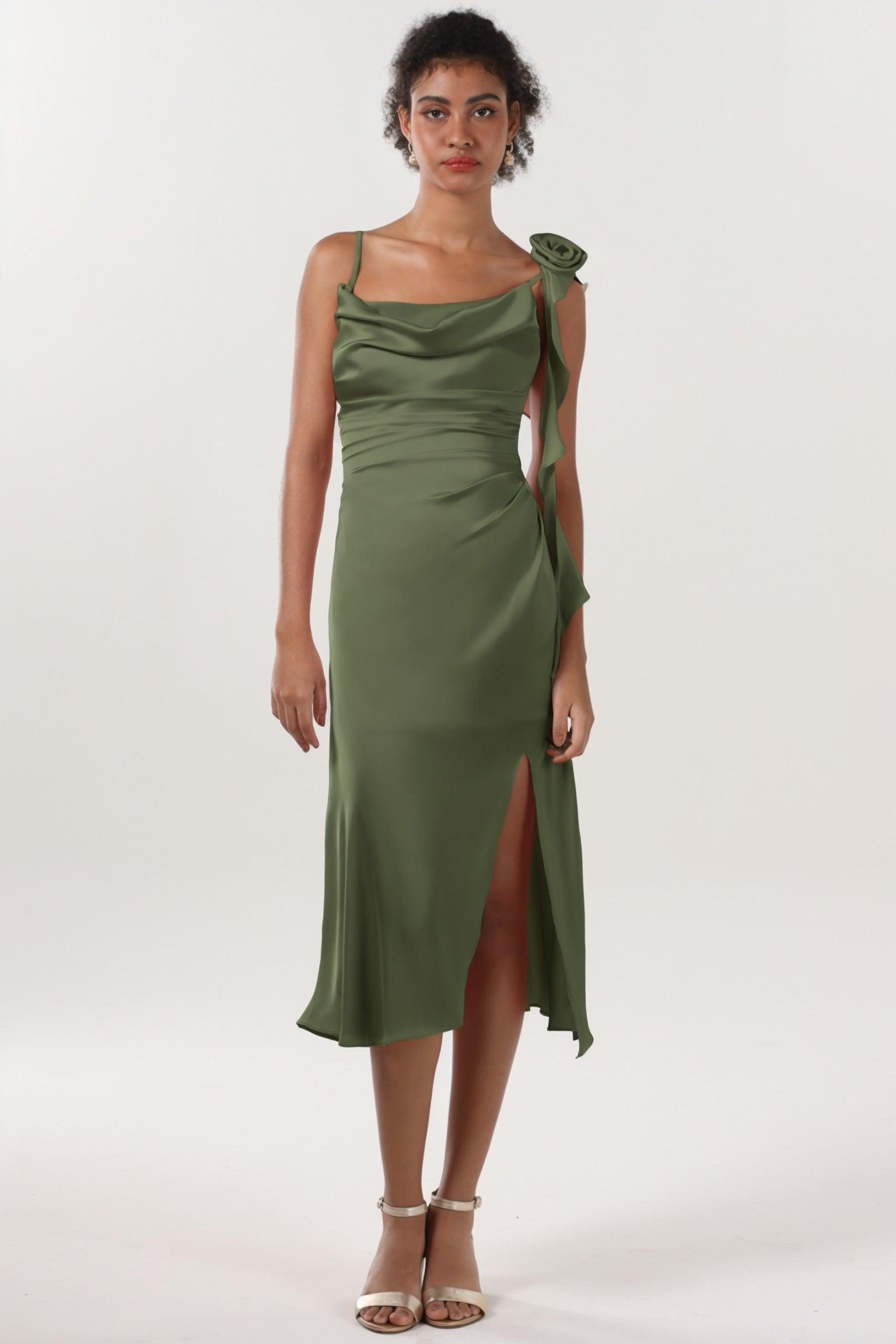 Sheath-Column Midi Luxe Satin Bridesmaid Dress CS0613BM - COCOMELODY