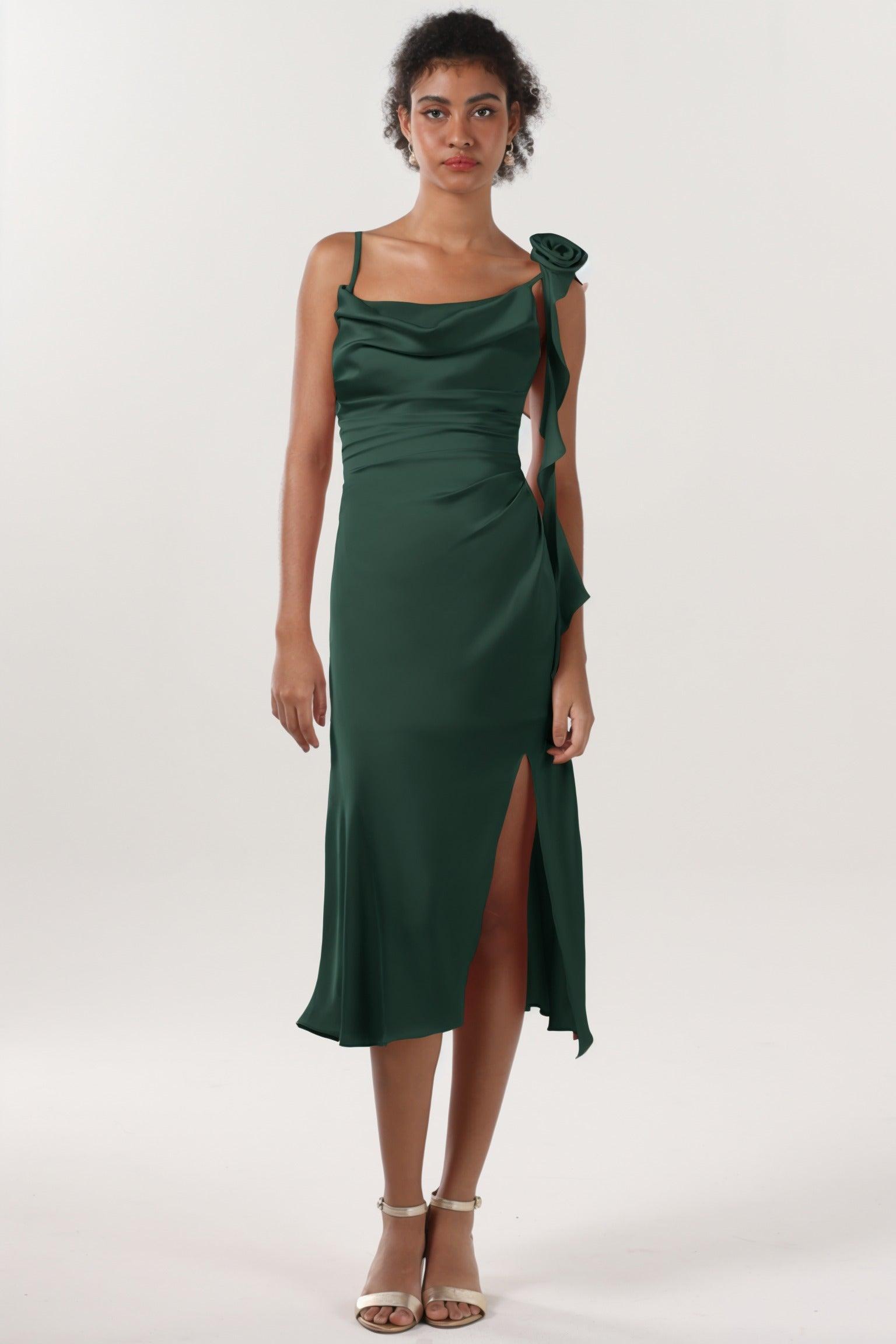Sheath-Column Midi Luxe Satin Bridesmaid Dress CS0613BM - COCOMELODY