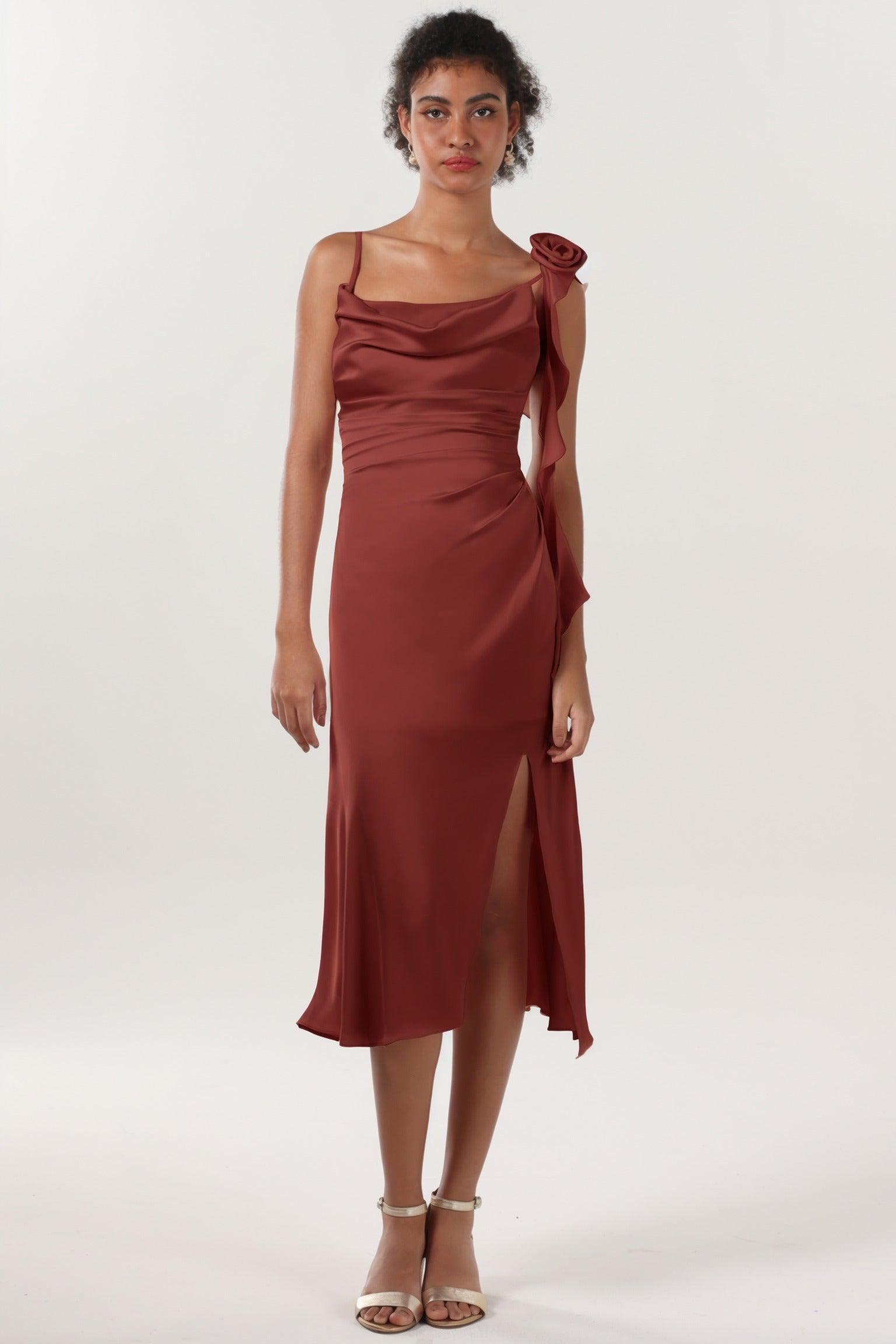 Sheath-Column Midi Luxe Satin Bridesmaid Dress CS0613BM - COCOMELODY