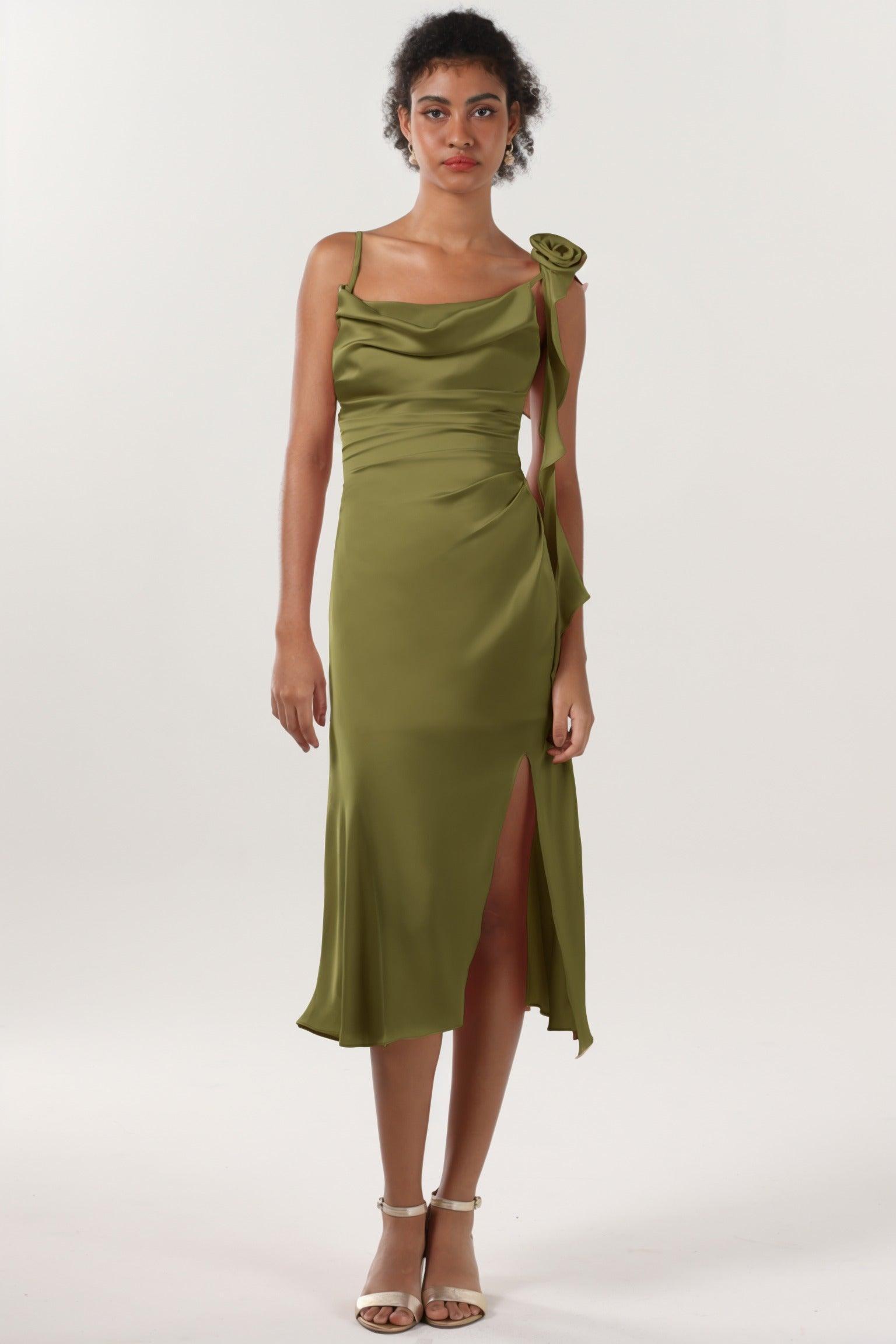Sheath-Column Midi Luxe Satin Bridesmaid Dress CS0613BM - COCOMELODY