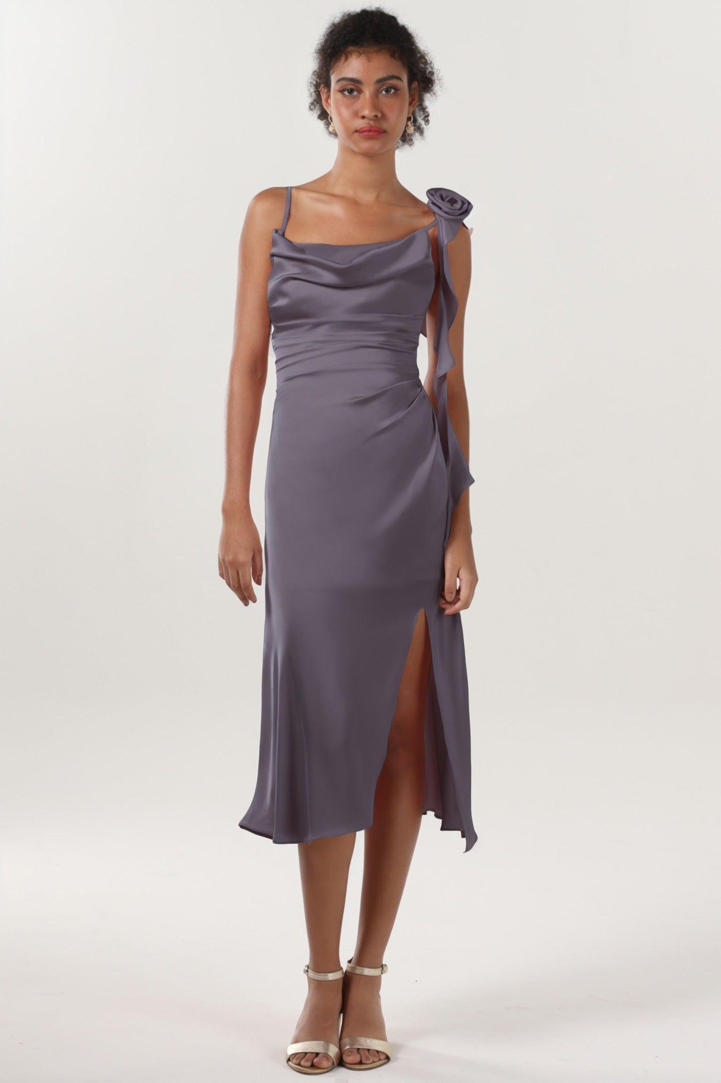 Sheath-Column Midi Luxe Satin Bridesmaid Dress CS0613BM - COCOMELODY