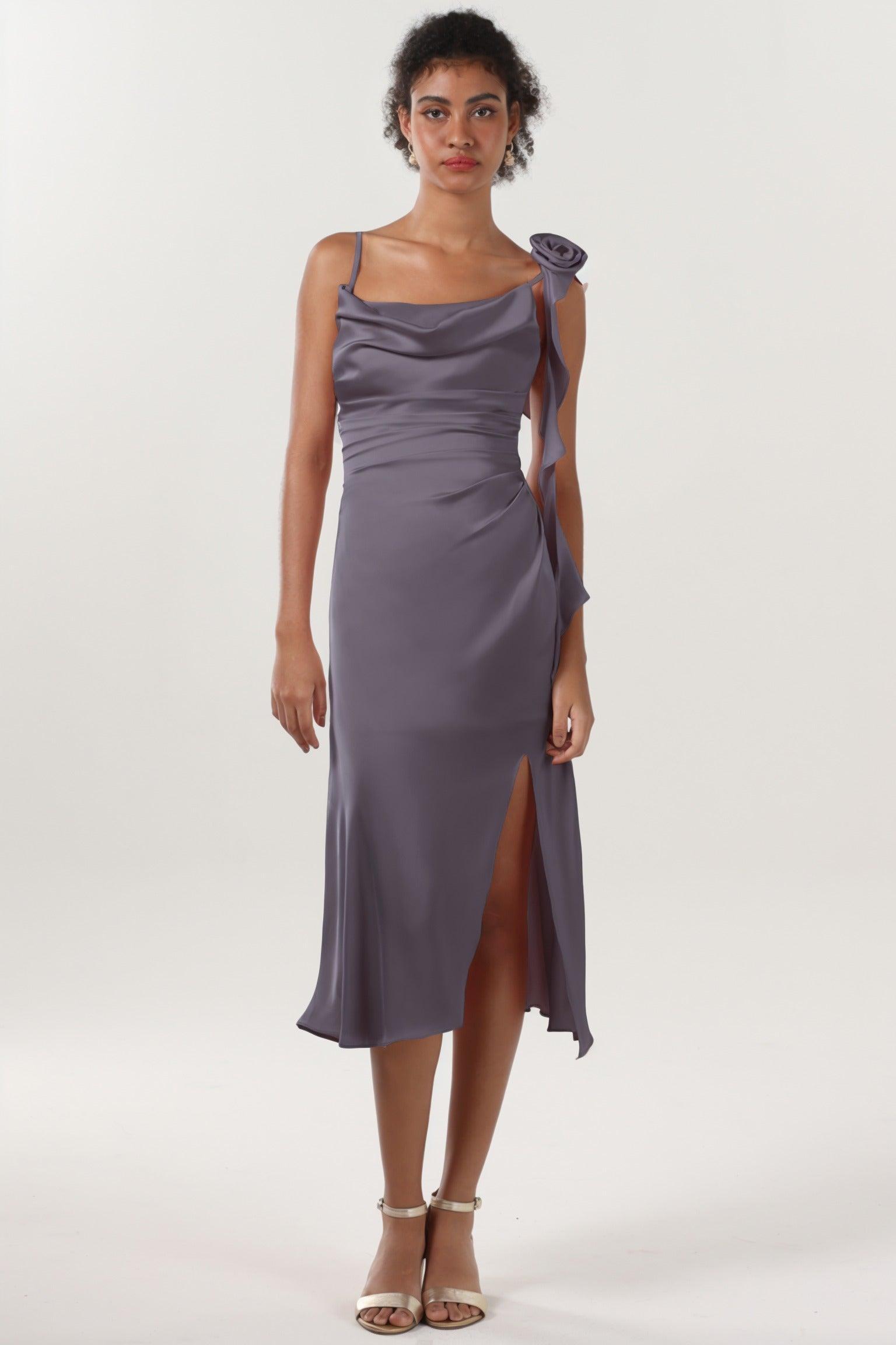 Sheath-Column Midi Luxe Satin Bridesmaid Dress CS0613BM - COCOMELODY