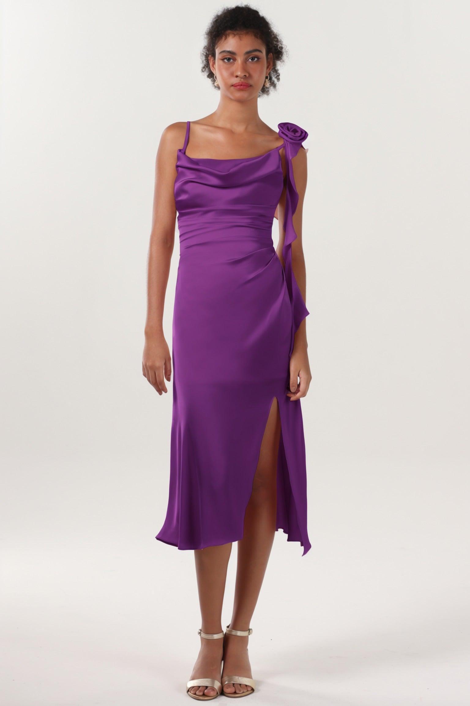 Sheath-Column Midi Luxe Satin Bridesmaid Dress CS0613BM - COCOMELODY