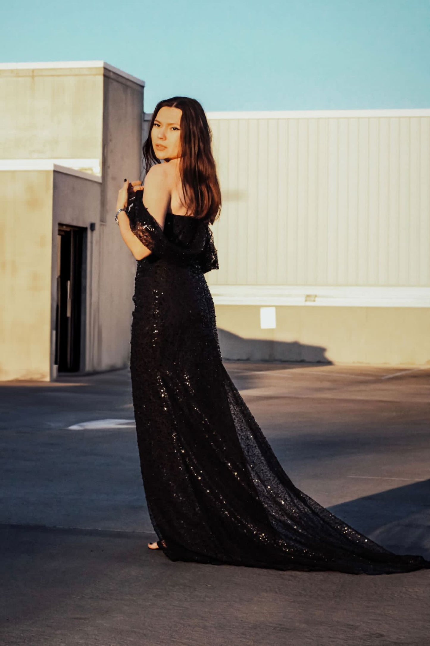 Sheath-Column Sweep-Brush Train Glitter Formal Dress CS0614