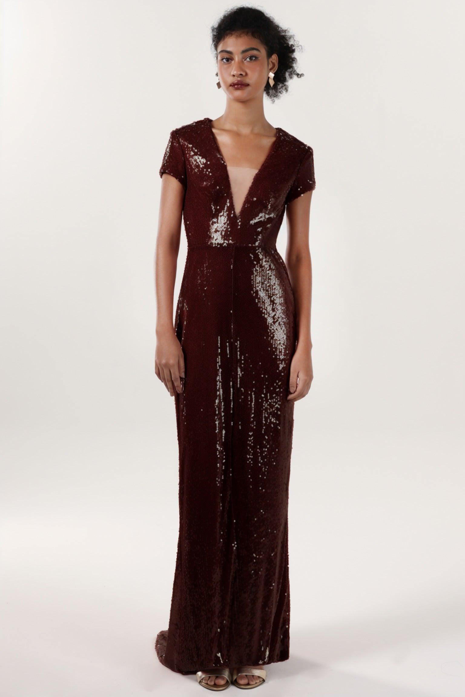 Sheath-Column Sweep-Brush Train Sequined Formal Dress CS0618 - COCOMELODY