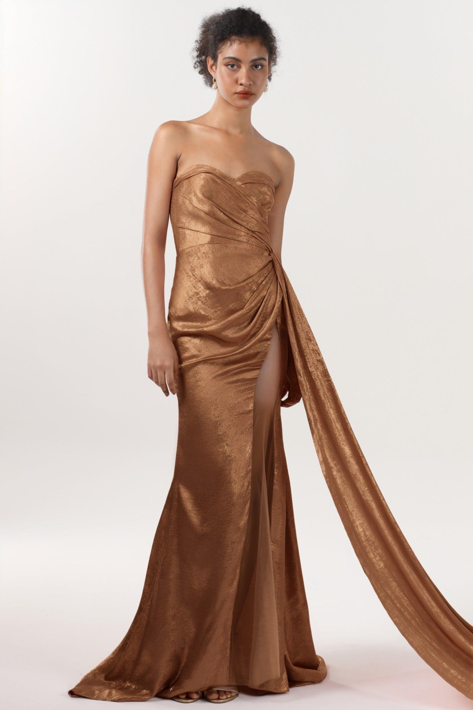 Trumpet-Mermaid Sweep-Brush Train Metallic Formal Dress CS0651 - COCOMELODY