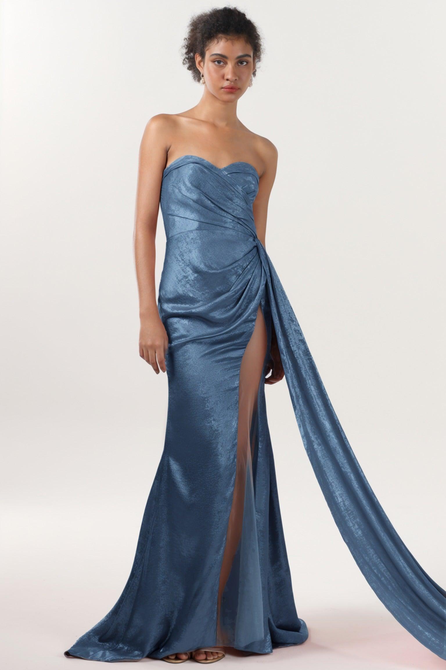 Trumpet-Mermaid Sweep-Brush Train Metallic Formal Dress CS0651 - COCOMELODY