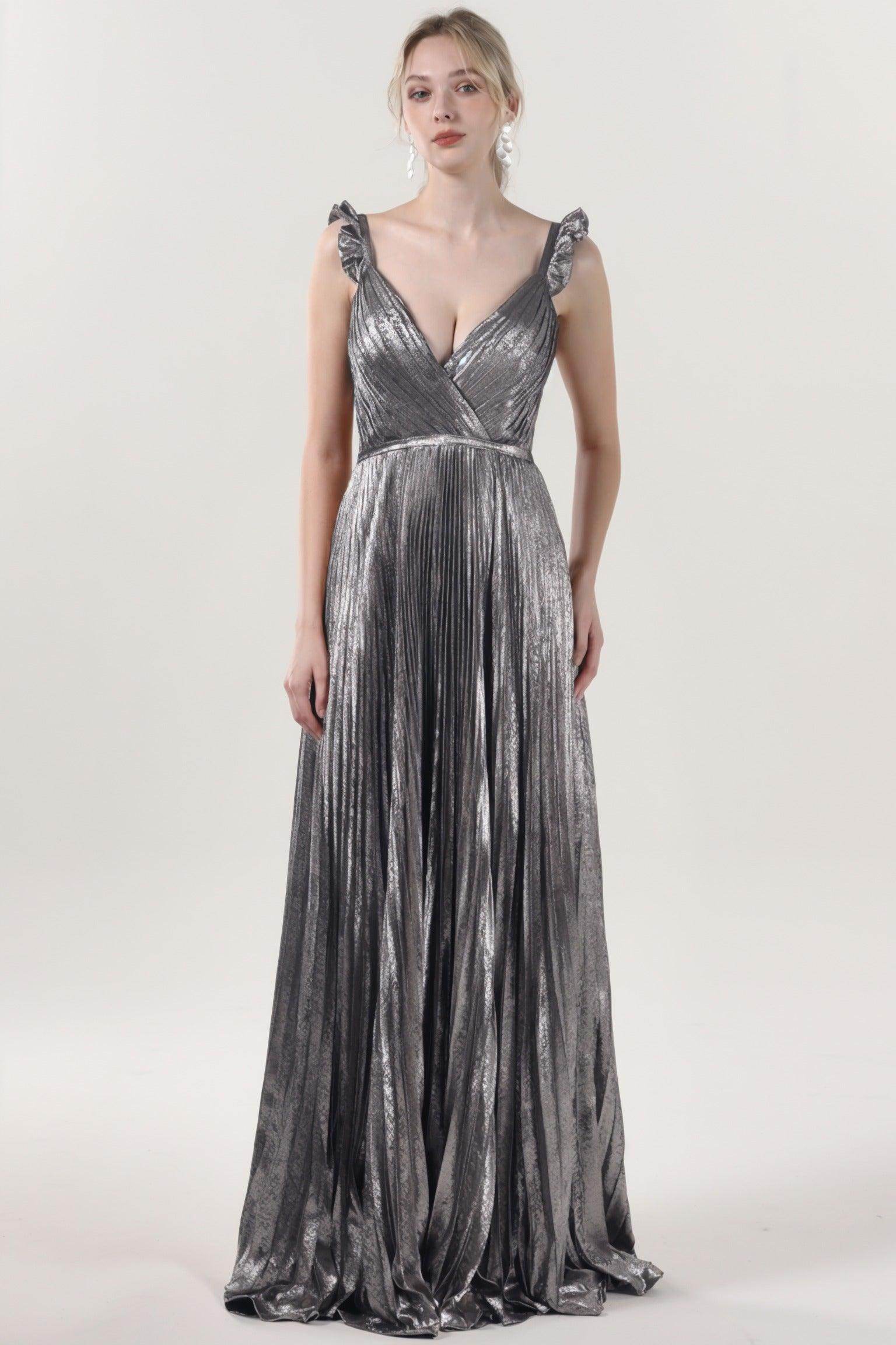 Cocomelody A-Line Maxi Metallic Formal Dress CS0655, Grey Cocomelody A-Line Maxi Metallic Formal Dress CS0655, Grey