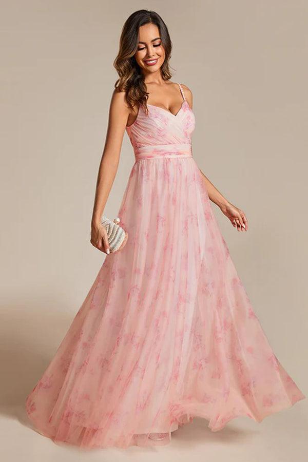A-Line Floor Length Printed Chiffon Dress CS0671 - COCOMELODY