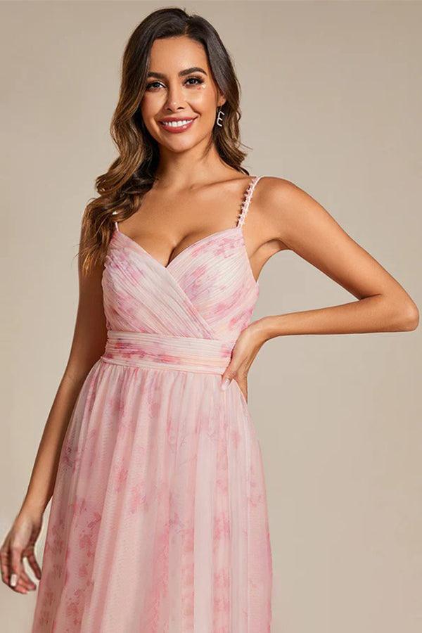 A-Line Floor Length Printed Chiffon Dress CS0671 - COCOMELODY