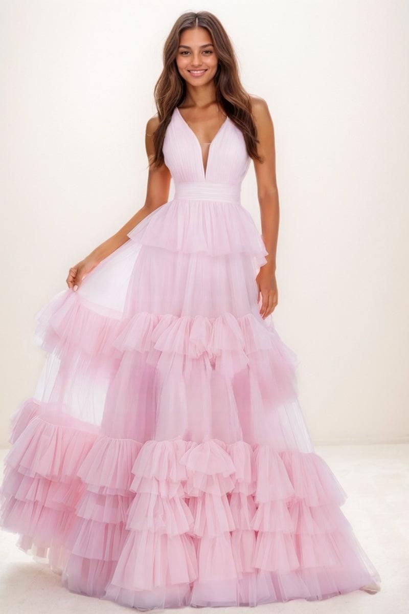 V-Neck A-Line Floor-Length Tulle Prom Dresses With Ruffle CS0731 - COCOMELODY