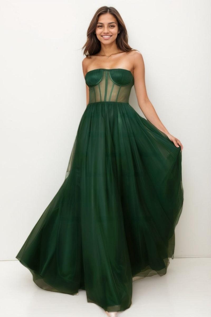 Dreamy Illusion Corset A-Line Floor-Length Tulle Prom Dresses CS0744 - COCOMELODY