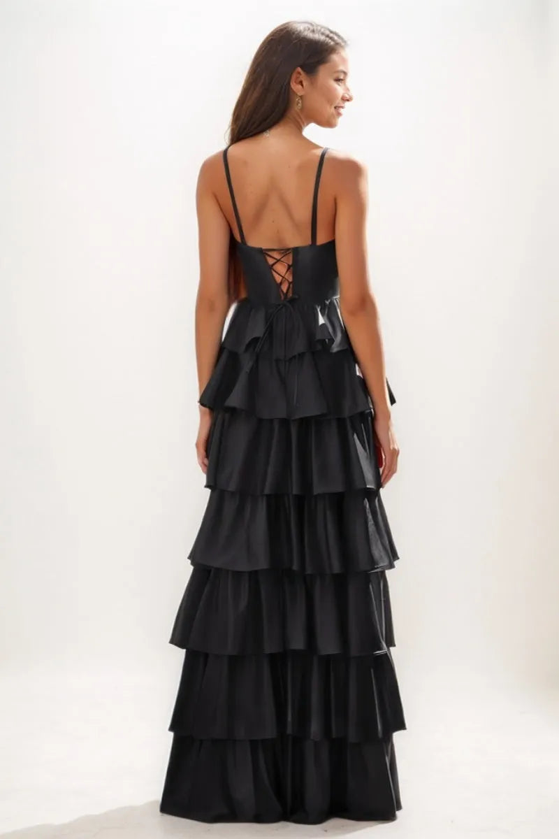 A-Line Ruffle Floor-Length Satin Prom Dresses CS0748