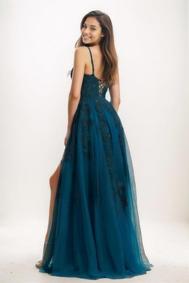 A-Line V-Neck Satin/Tulle Prom Dresses With High Split CS0755 - COCOMELODY