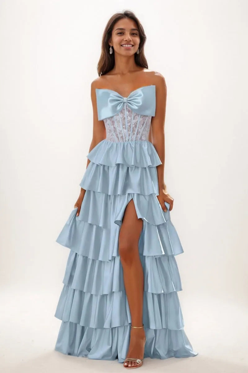 Princess Ball Gown Bow Accented A-Line Charmeuse Prom Dresses CS0759