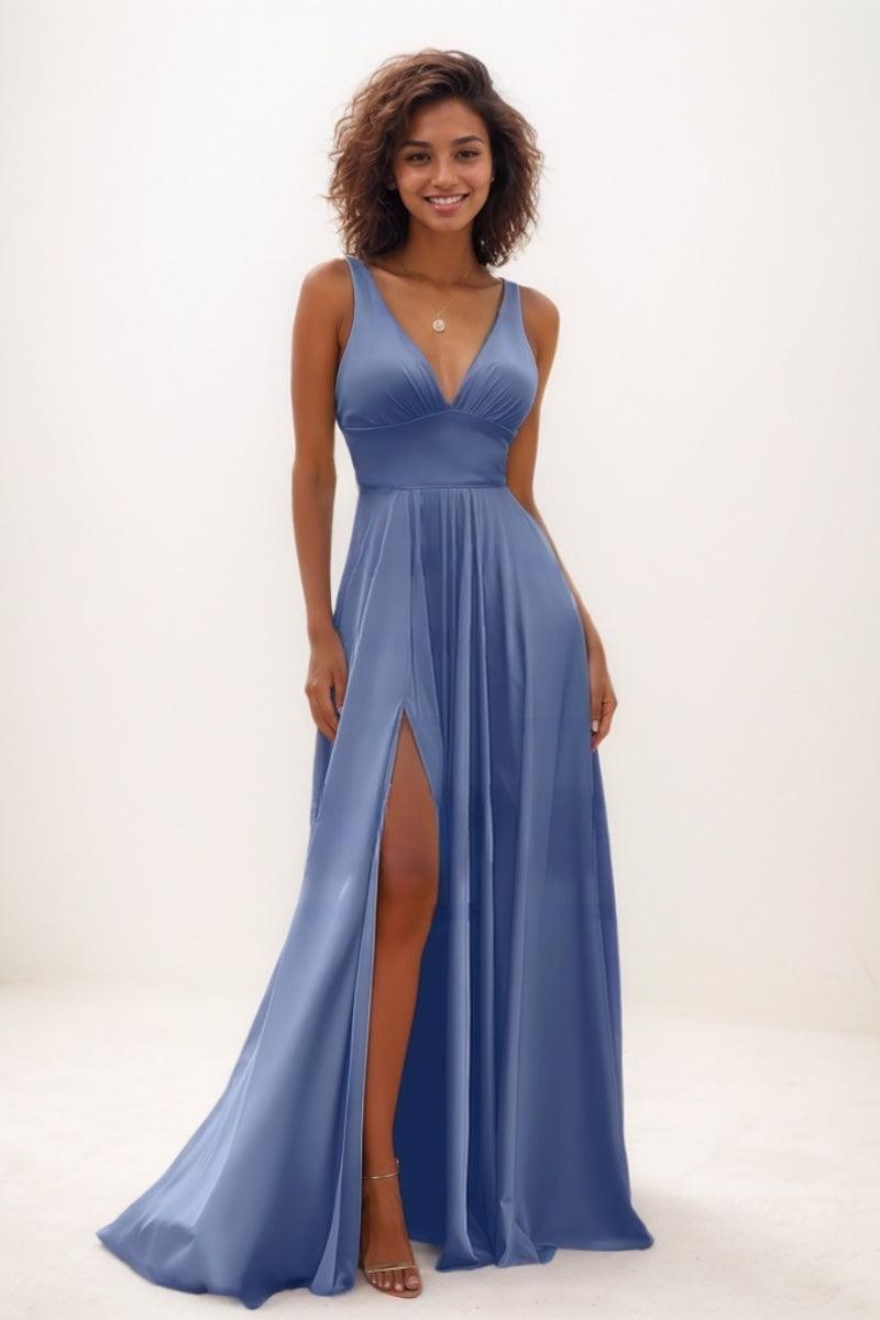 Modest A-Line Silk Like Satin Prom Dresses With High Split CS0766 - COCOMELODY