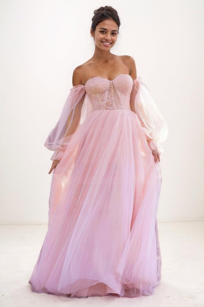 Off-The-Shoulder Long Lantern Sleeves Tulle Prom Dresses CS0776 - COCOMELODY