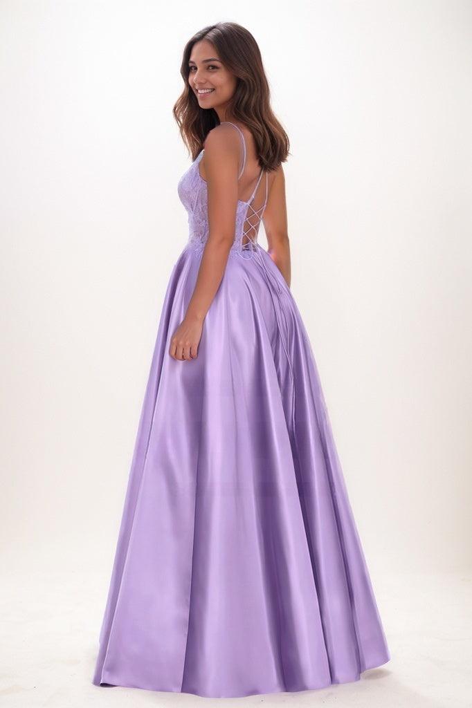 V-Neck Lace Illusion Corset A-Line Satin Prom Dresses CS0780 - COCOMELODY