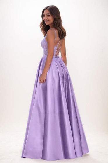 V-Neck Lace Illusion Corset A-Line Satin Prom Dresses CS0780 - COCOMELODY