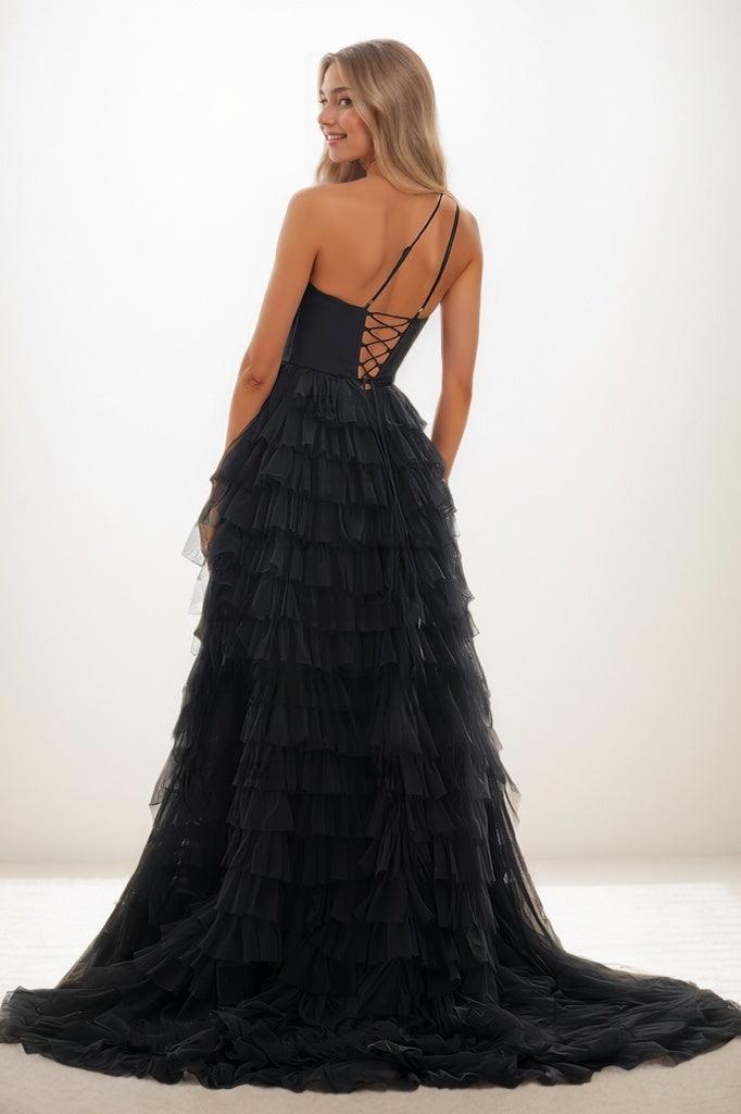 One-Shoulder Tulle Tiered Skirt High Split Prom Dresses CS0790 - COCOMELODY