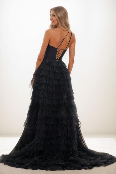 One-Shoulder Tulle Tiered Skirt High Split Prom Dresses CS0790 - COCOMELODY