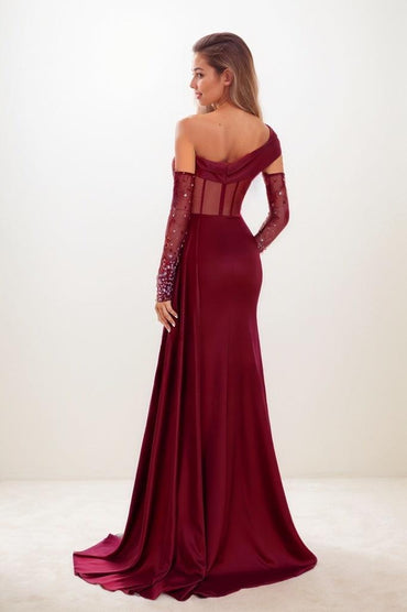 Asymmetrical Neckline Sleeves Sweep Train Prom Dresses CS0804 - COCOMELODY