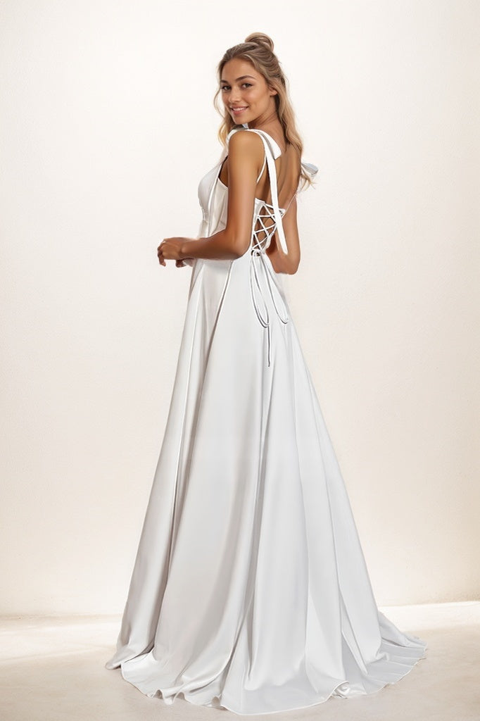 A-Line High Split Sweep Train Matte Satin Prom Dresses COCOMELODY CS0807 A-Line High Split Sweep Train Matte Satin Prom Dresses COCOMELODY CS0807