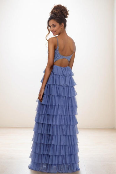 V-Neck Spaghetti Straps Back Hole Tulle Prom Dresses CS0811 - COCOMELODY