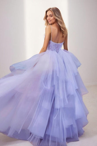 V Neck Spaghetti Straps Lace A Line Floor Length Tulle Prom Dresses CS0814 - COCOMELODY