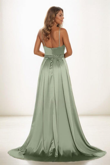A-Line V-Neck Sleeveless Spaghetti Straps Acetate Satin Prom Dresses CS0826 - COCOMELODY