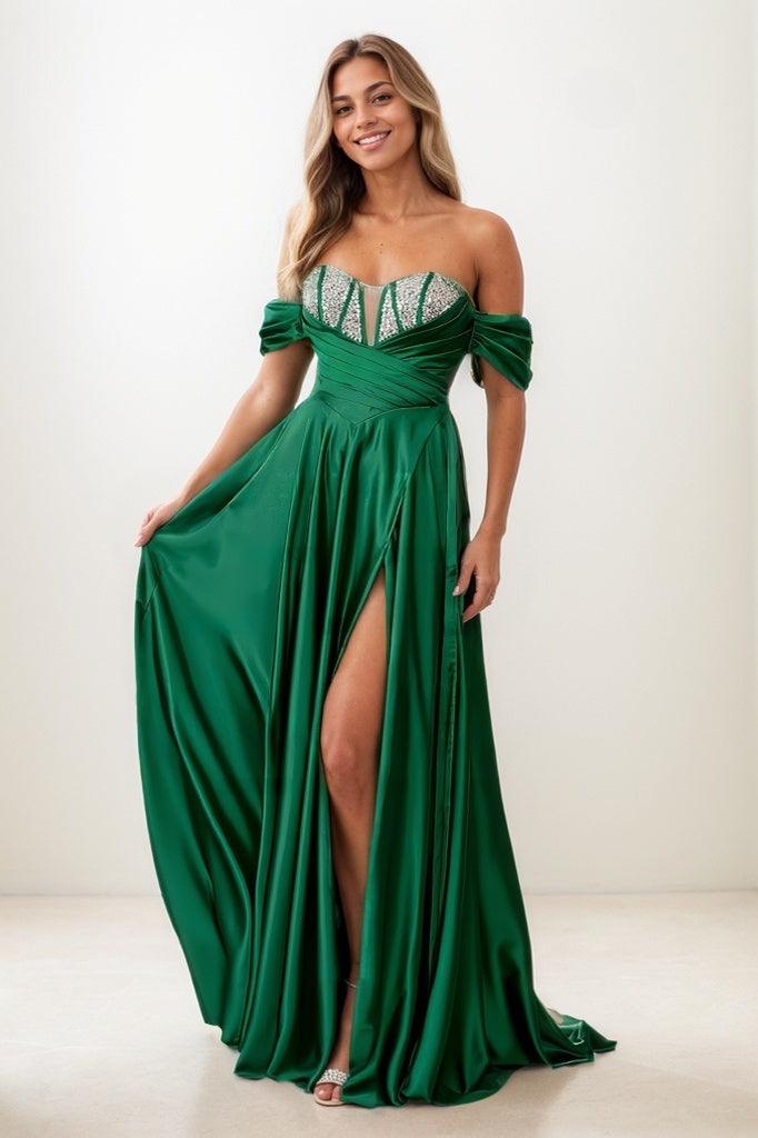 A-Line Off-The-Shoulder Detachable Straps Matte Satin Prom Dresses CS0827 - COCOMELODY