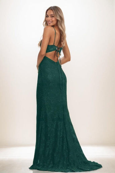V-Neck Corset Back Hole High Split Sweep Train Lace Prom Dresses CS0836 - COCOMELODY