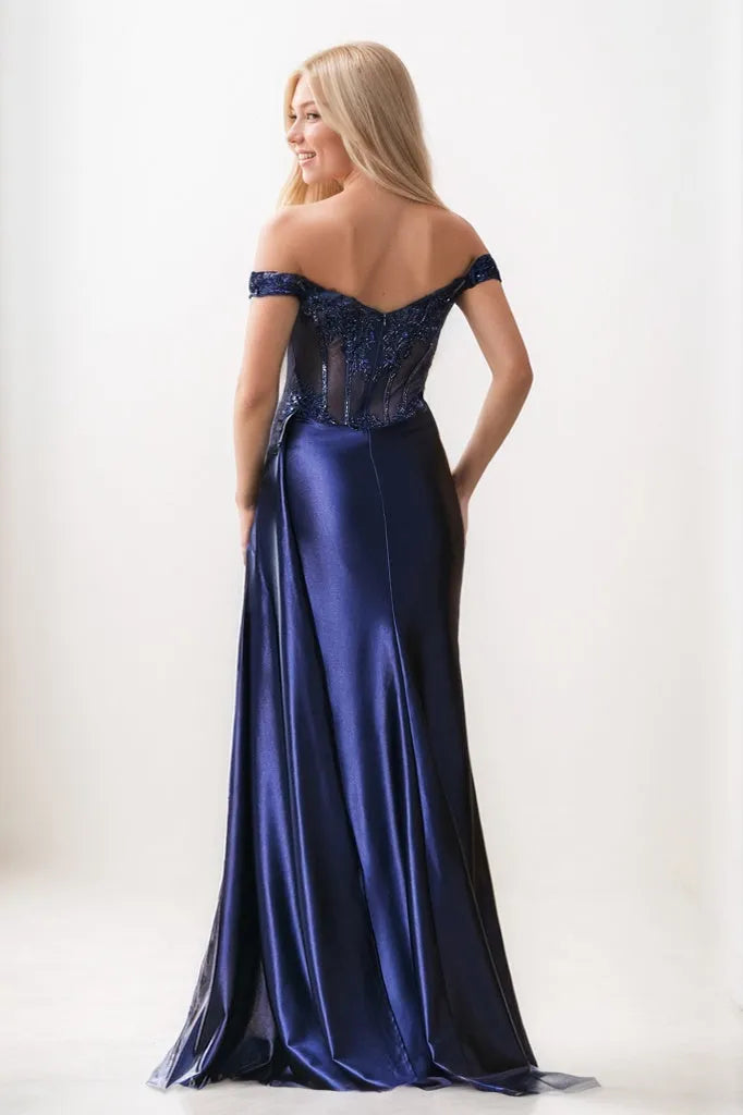 Pleated Off Shoulder Applique Sheath Prom Dresses With Slit CS0916