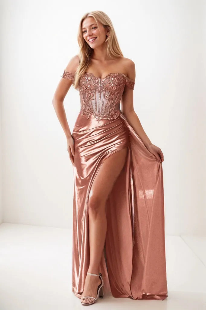 Pleated Off Shoulder Applique Sheath Prom Dresses With Slit CS0916