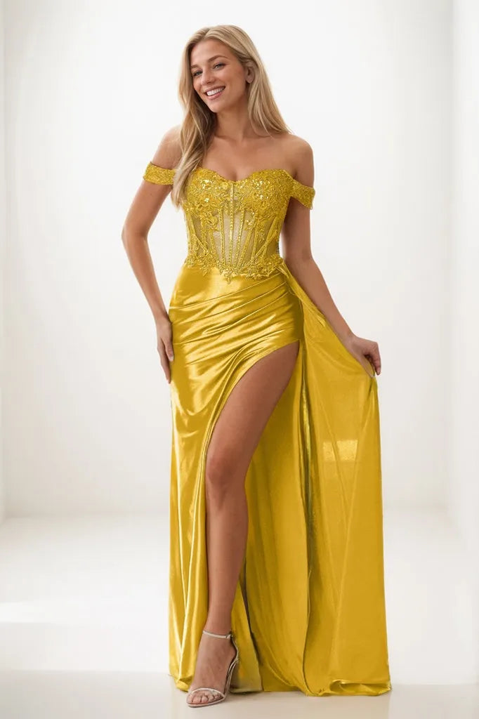 Pleated Off Shoulder Applique Sheath Prom Dresses With Slit CS0916