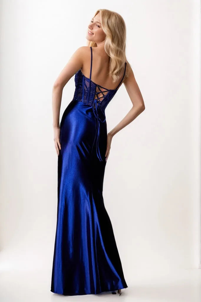 Spaghetti Straps V Neck Applique Stretch Satin Prom Dresses CS0917