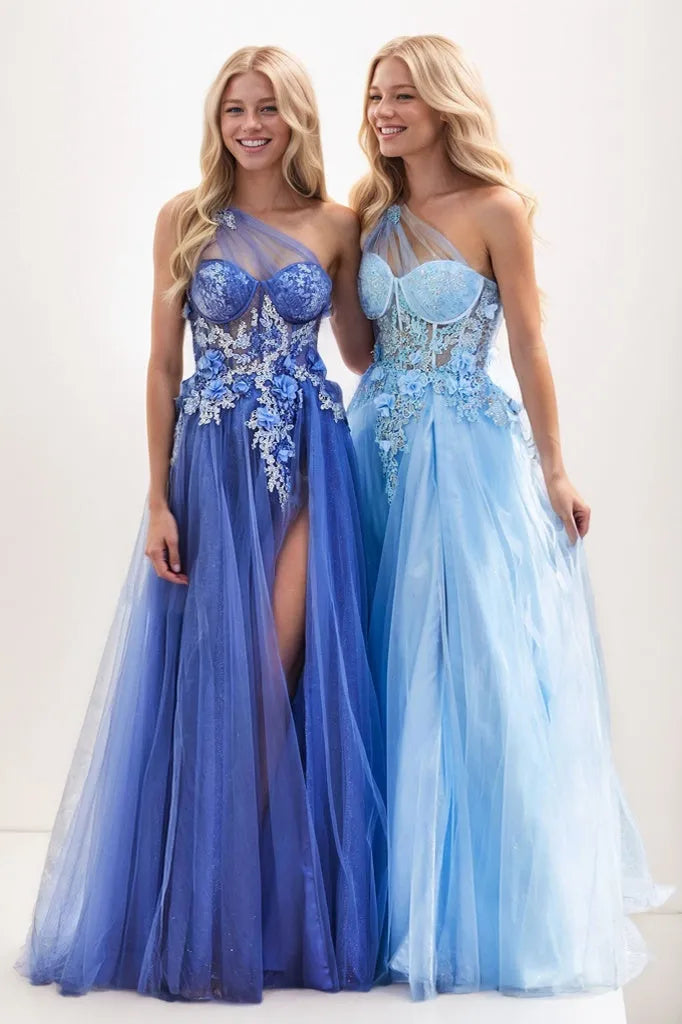 One Shoulder 3D Flower A-Line Tulle Prom Dresses CS0925