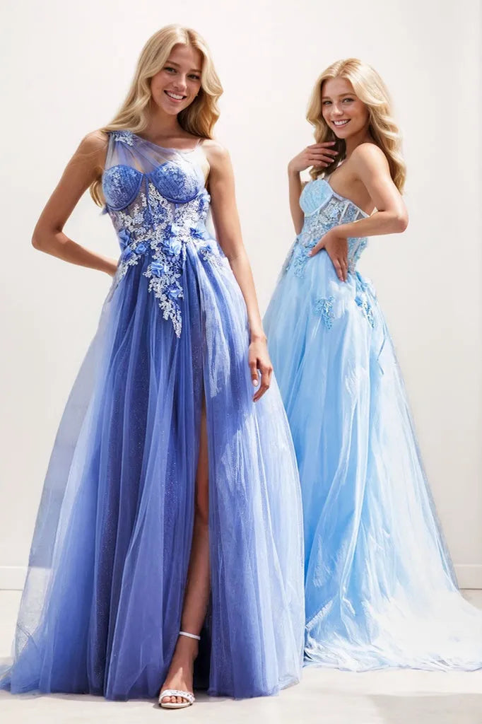 One Shoulder 3D Flower A-Line Tulle Prom Dresses CS0925