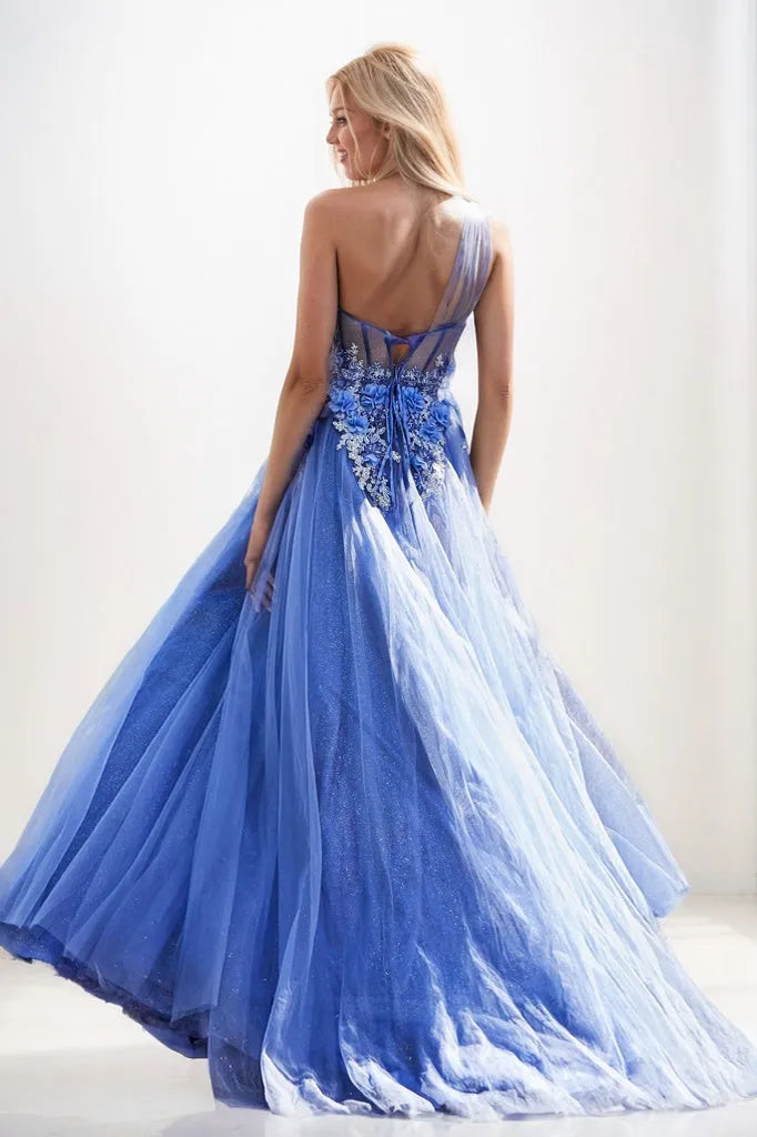 One Shoulder 3D Flower A-Line Tulle Prom Dresses CS0925